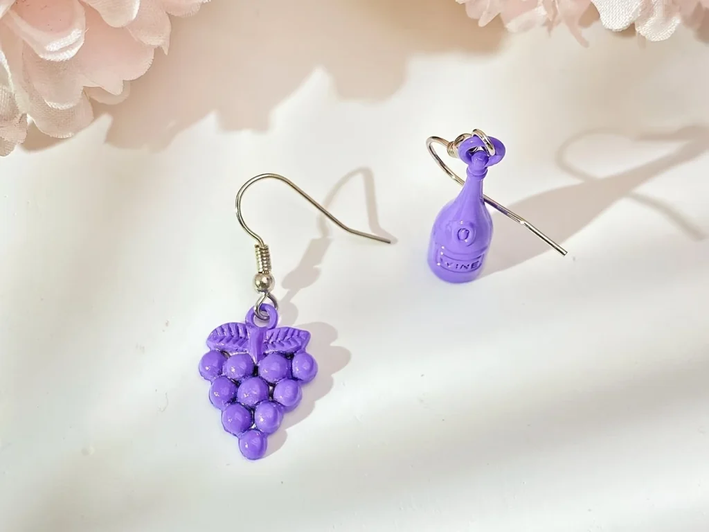 Grape and Wine Bottle Mismatched Drop Earrings showing the main design structure