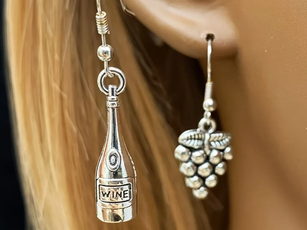 Grape and Wine Bottle Mismatched Drop Earrings showing product detail and proportion