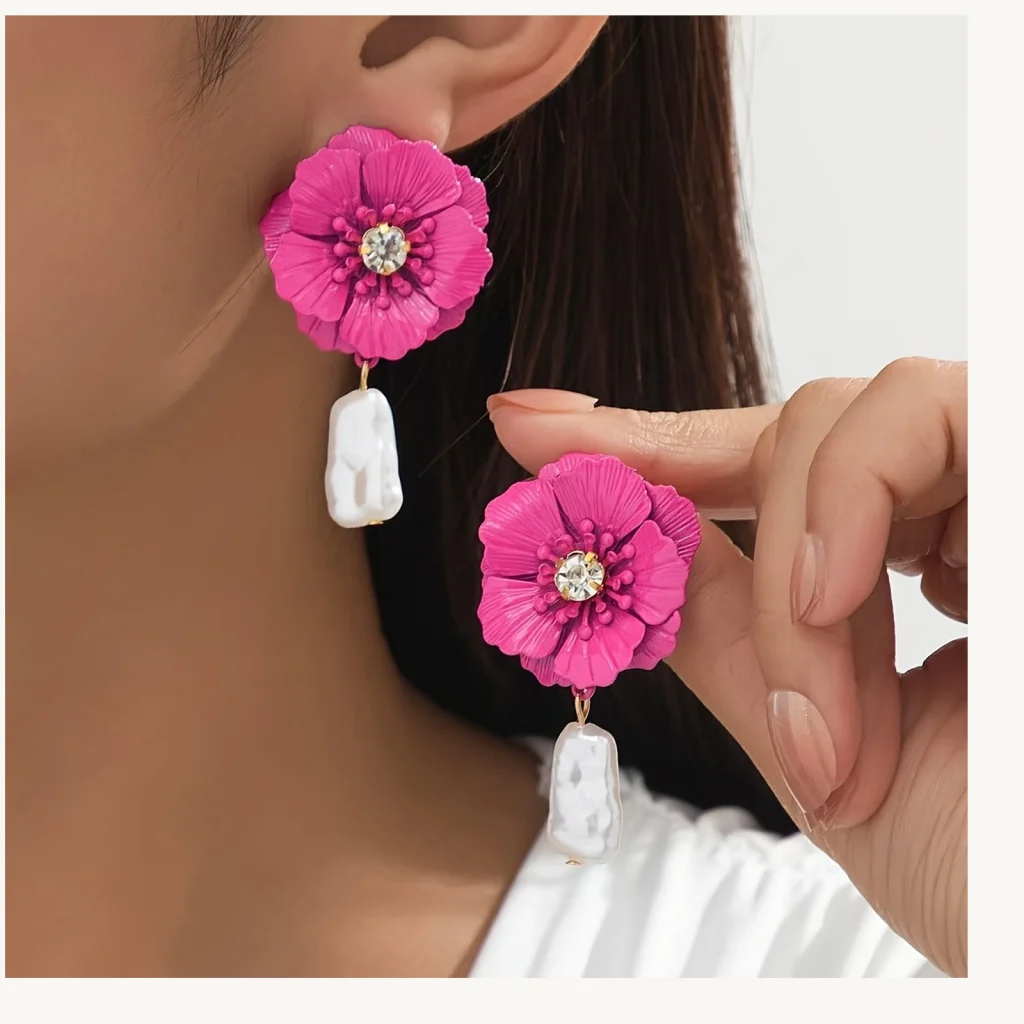 Colorful Flower Crystal and Faux Pearl Drop Earrings shown in main product view