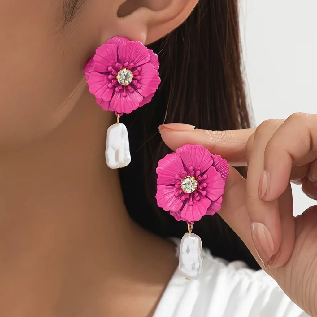 Colorful Flower Crystal and Faux Pearl Drop Earrings front product view