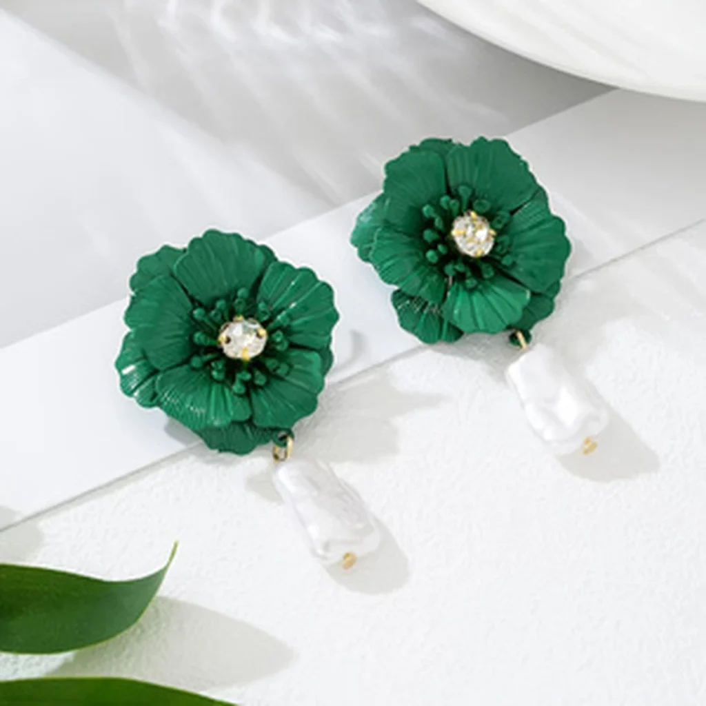 Colorful Flower Crystal and Faux Pearl Drop Earrings alternate angle