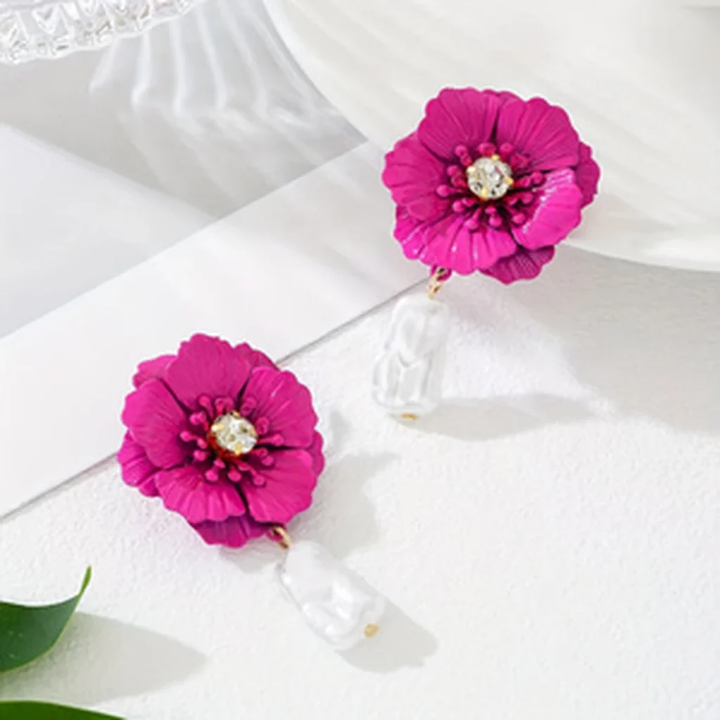 Colorful Flower Crystal and Faux Pearl Drop Earrings detail view