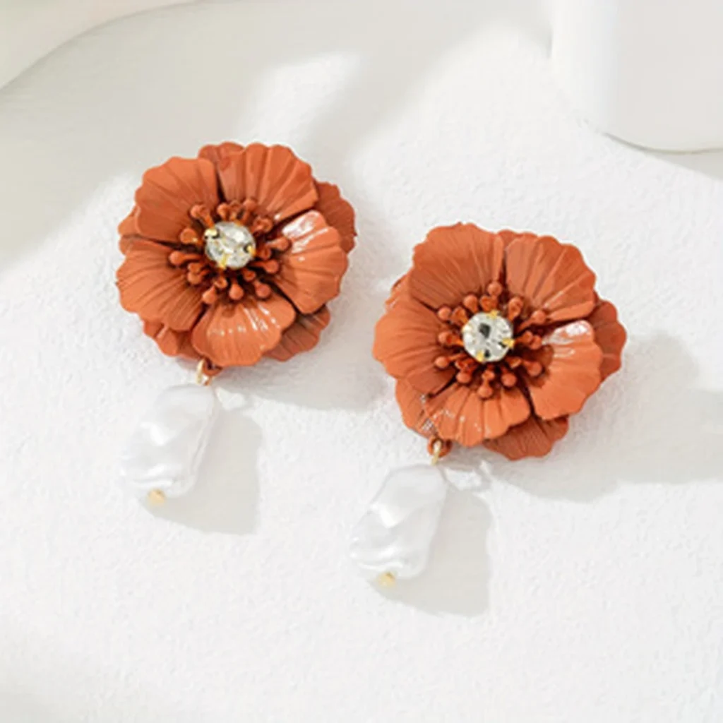 Colorful Flower Crystal and Faux Pearl Drop Earrings styled or variant view