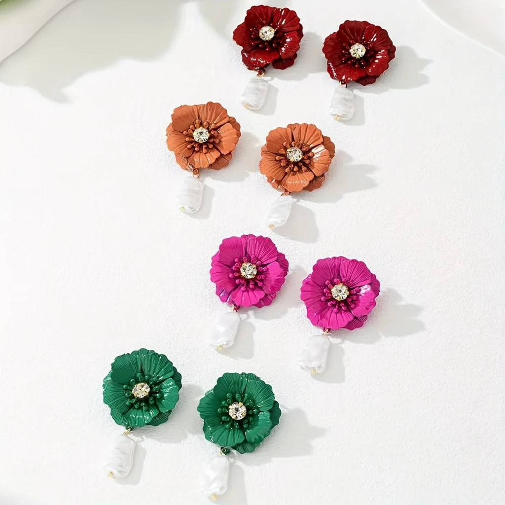 Colorful Flower Crystal and Faux Pearl Drop Earrings additional product view
