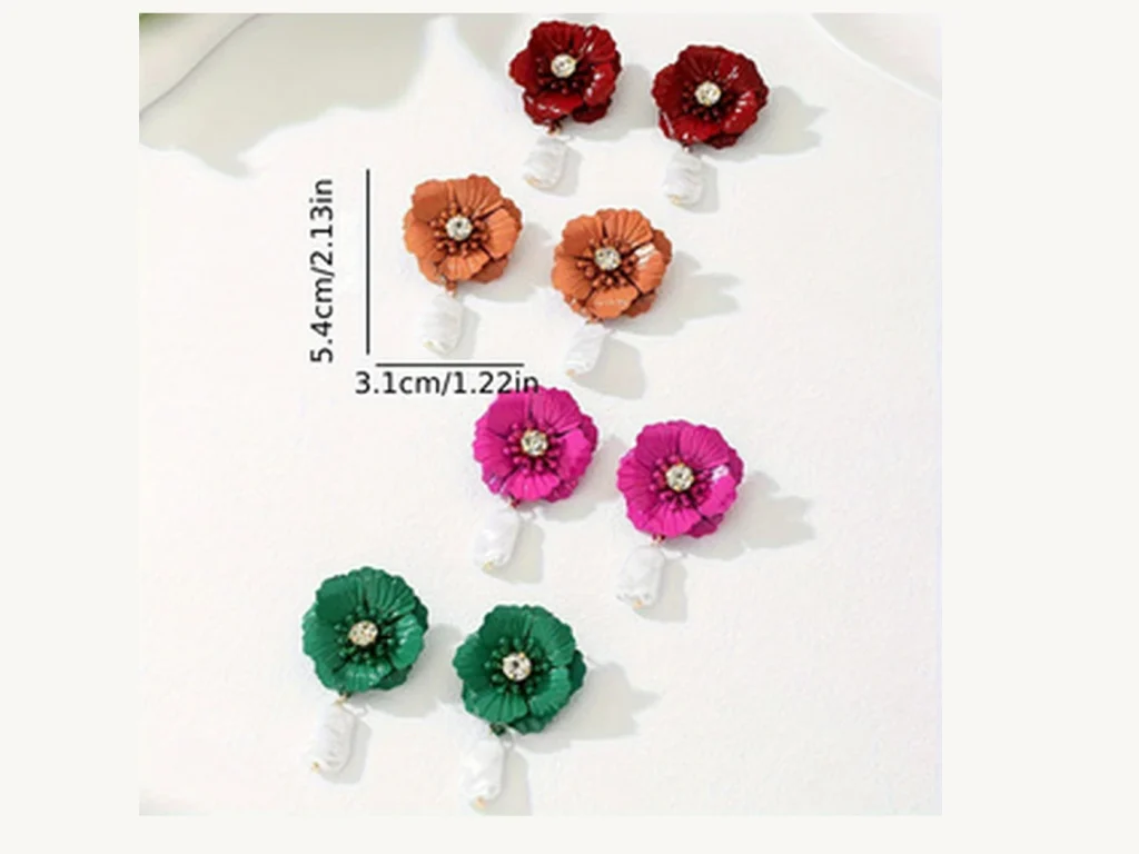 Colorful Flower Crystal and Faux Pearl Drop Earrings size reference