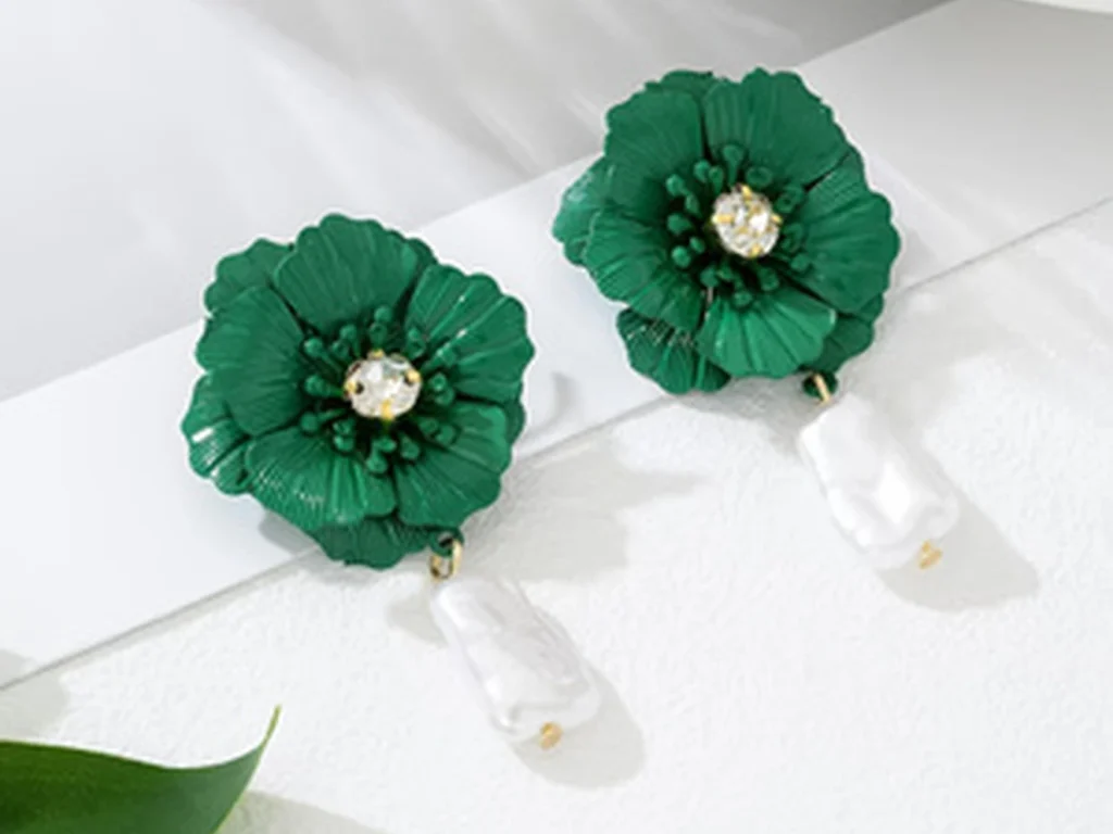 Colorful Flower Crystal and Faux Pearl Drop Earrings showing the main design structure