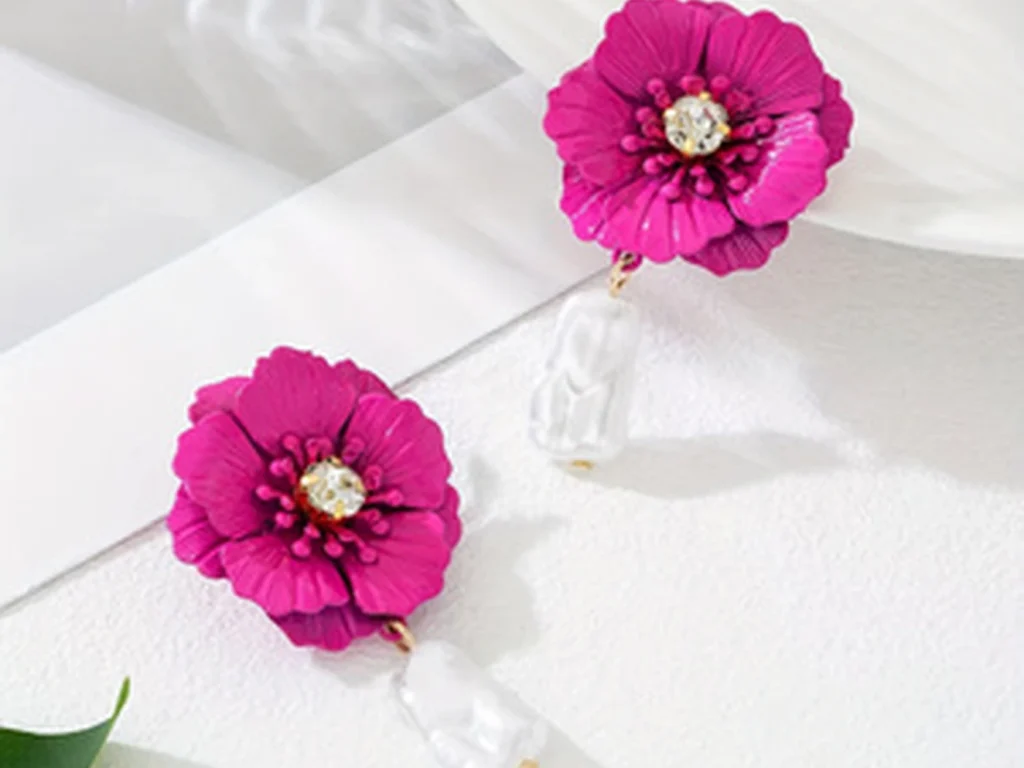 Colorful Flower Crystal and Faux Pearl Drop Earrings showing styling or color variation