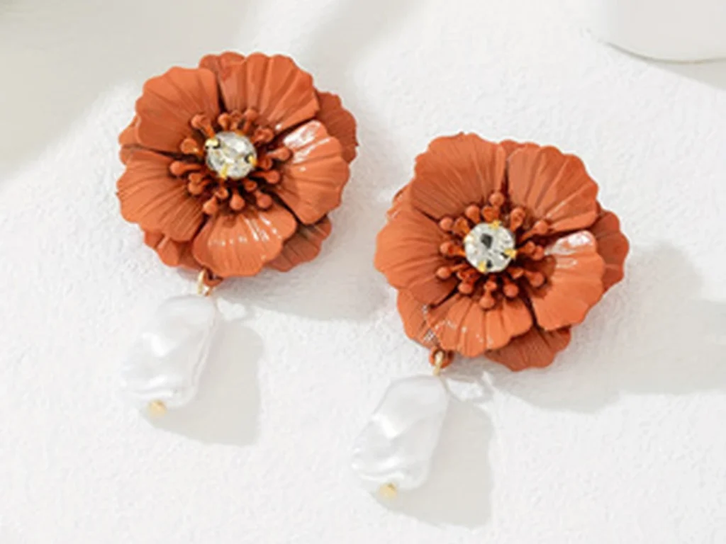 Colorful Flower Crystal and Faux Pearl Drop Earrings showing product detail and proportion