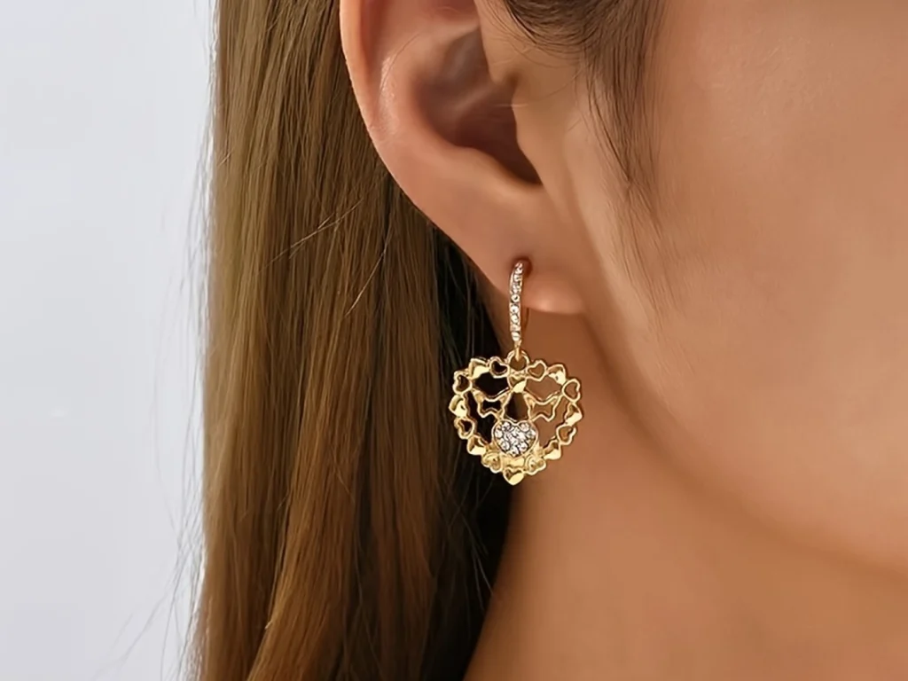 Gold-Tone Openwork Heart Drop Earrings showing product detail and proportion