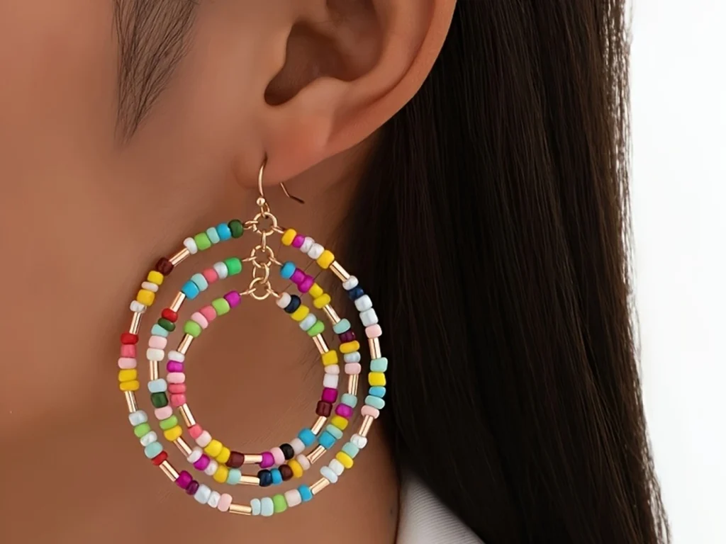 Multicolor Beaded Triple Hoop Drop Earrings showing product detail and proportion