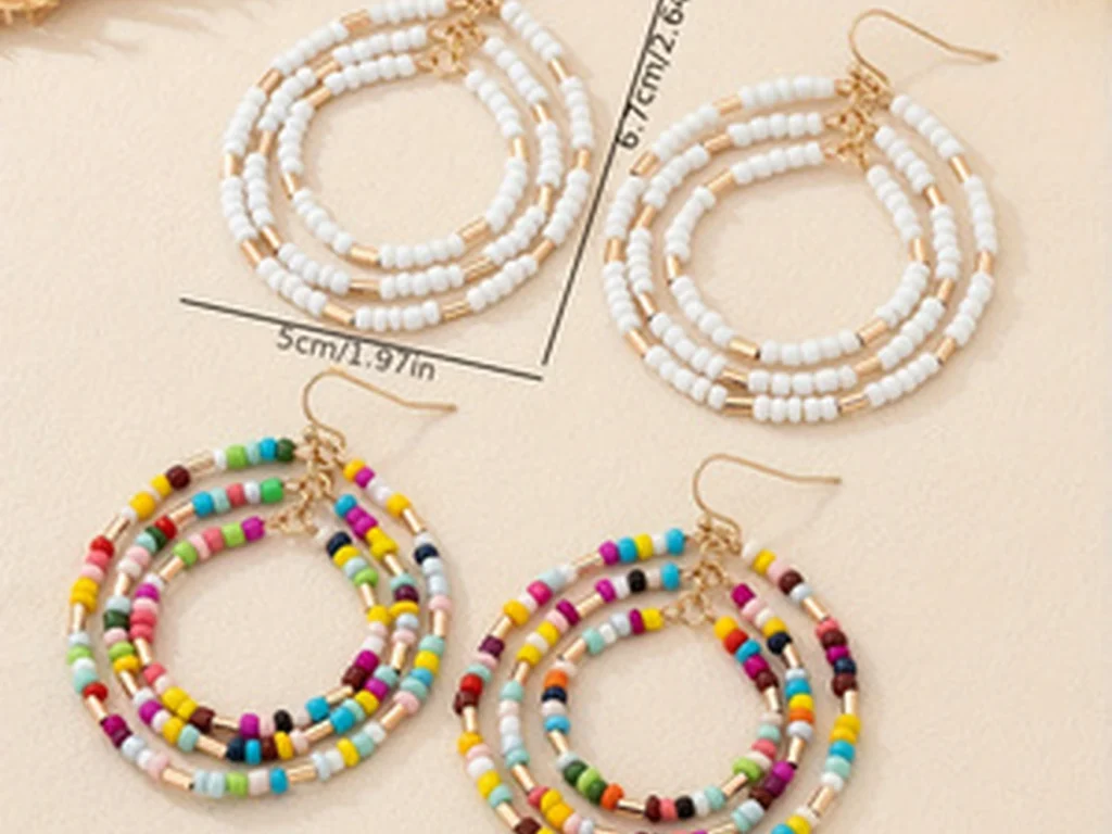 Multicolor Beaded Triple Hoop Drop Earrings for gift and accessory shops