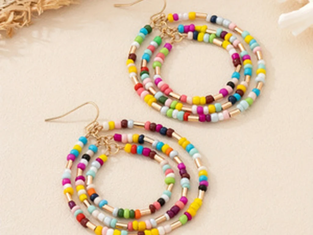 Multicolor Beaded Triple Hoop Drop Earrings product structure detail