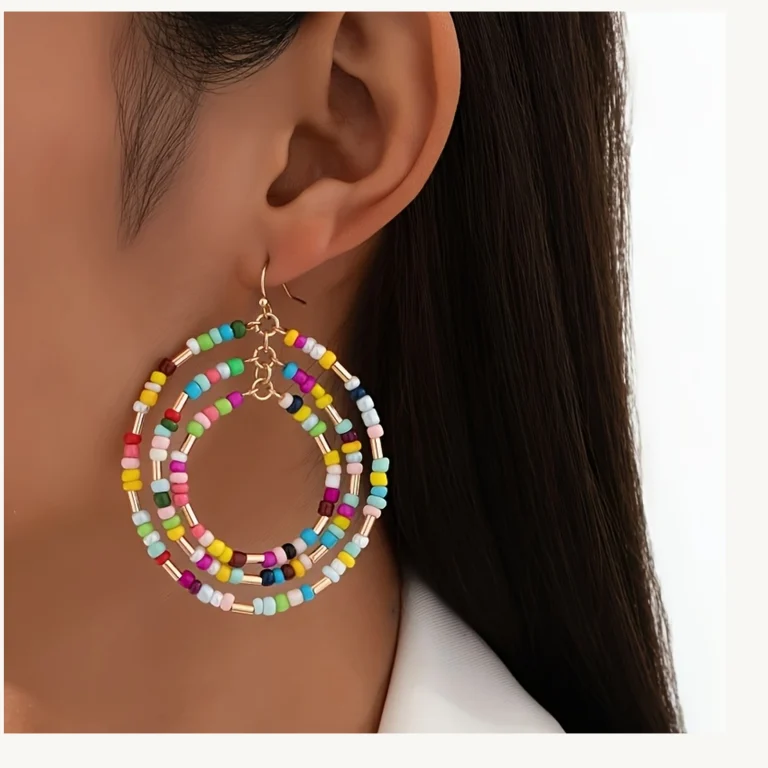 Multicolor Beaded Triple Hoop Drop Earrings shown in main product view