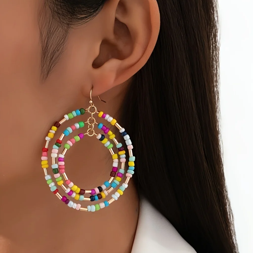 Multicolor Beaded Triple Hoop Drop Earrings front product view