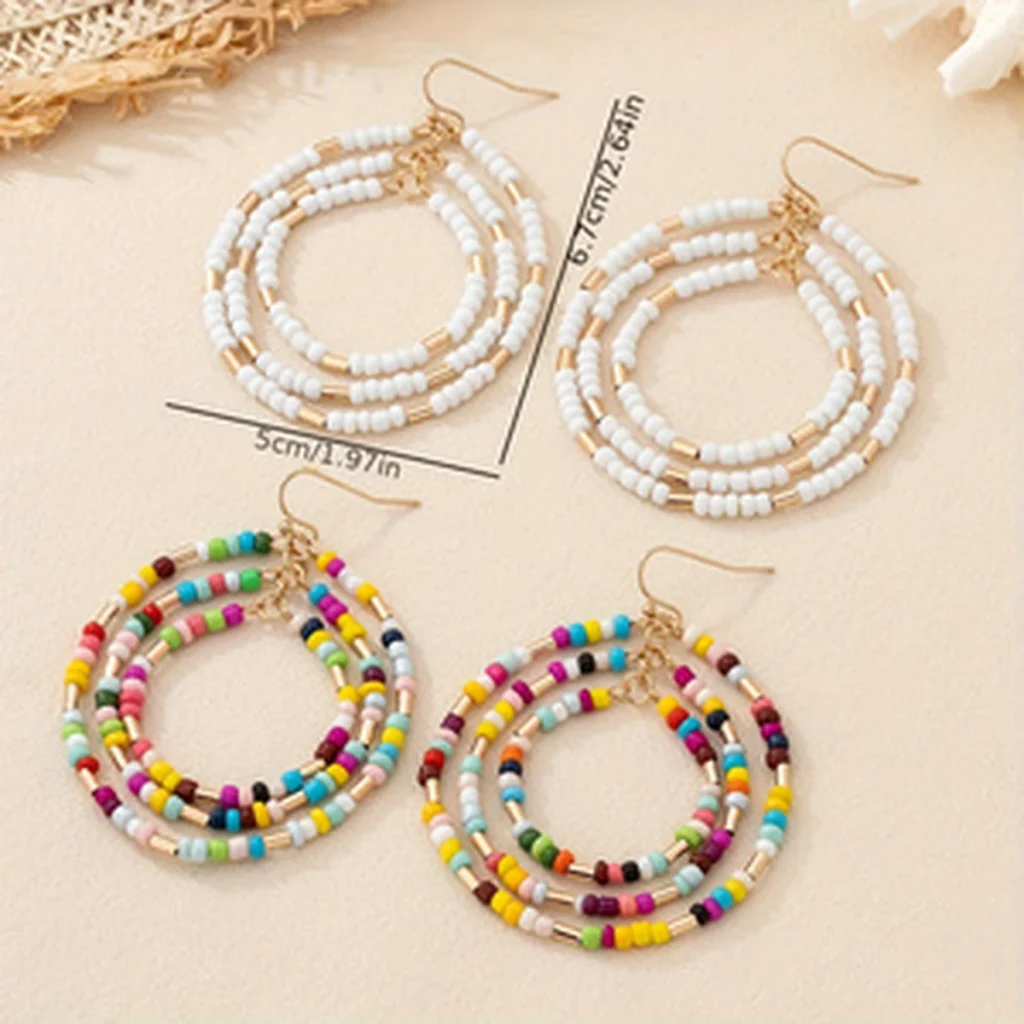 Multicolor Beaded Triple Hoop Drop Earrings alternate angle
