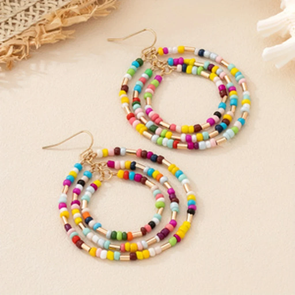 Multicolor Beaded Triple Hoop Drop Earrings detail view