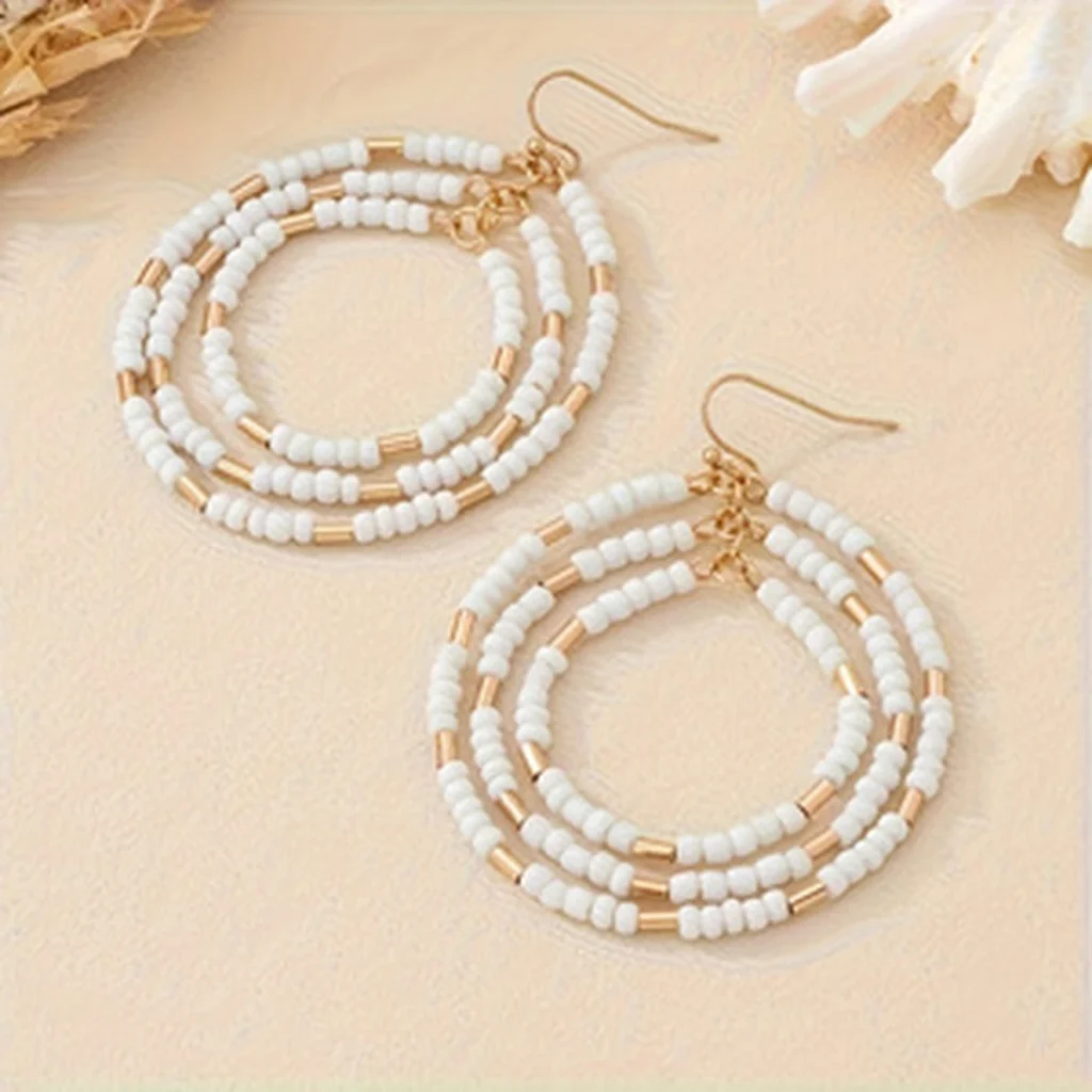 Multicolor Beaded Triple Hoop Drop Earrings styled or variant view