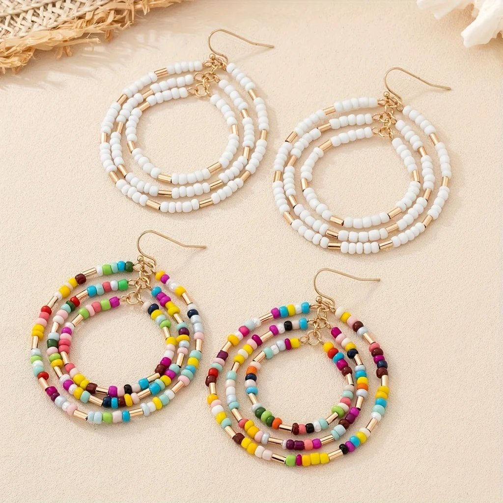 Multicolor Beaded Triple Hoop Drop Earrings additional product view