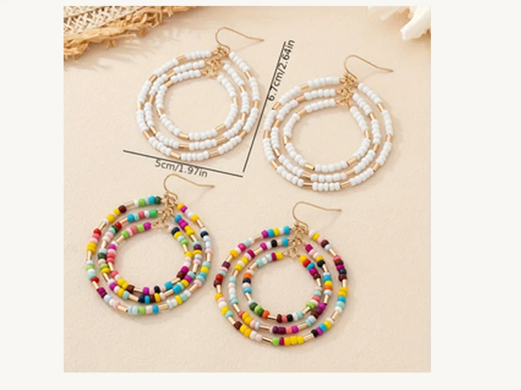 Multicolor Beaded Triple Hoop Drop Earrings size reference