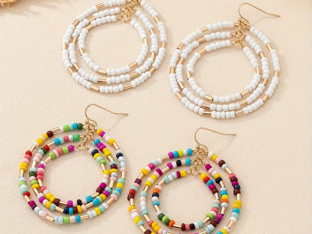 Multicolor Beaded Triple Hoop Drop Earrings showing styling or color variation