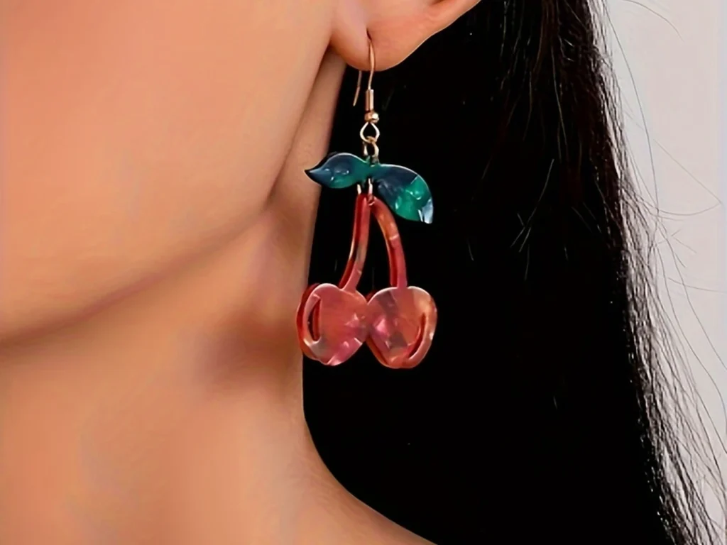 Resin Cherry Drop Earrings showing product detail and proportion