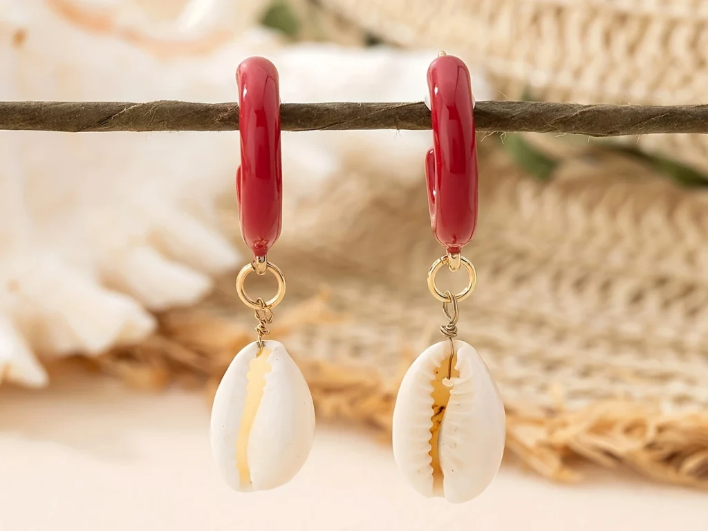 Red Hoop Shell Drop Earrings showing product detail and proportion