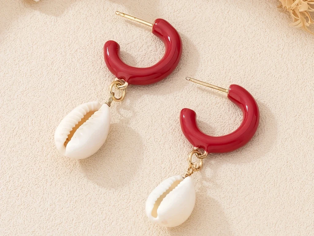 Red Hoop Shell Drop Earrings for gift and accessory shops