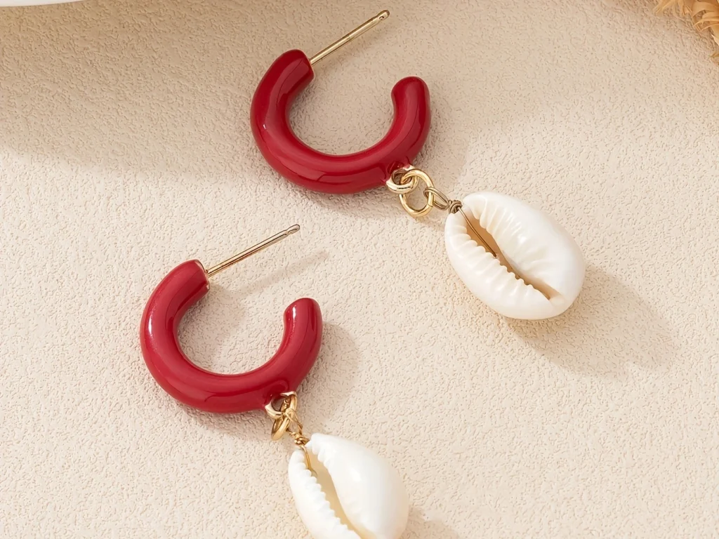 Red Hoop Shell Drop Earrings product structure detail