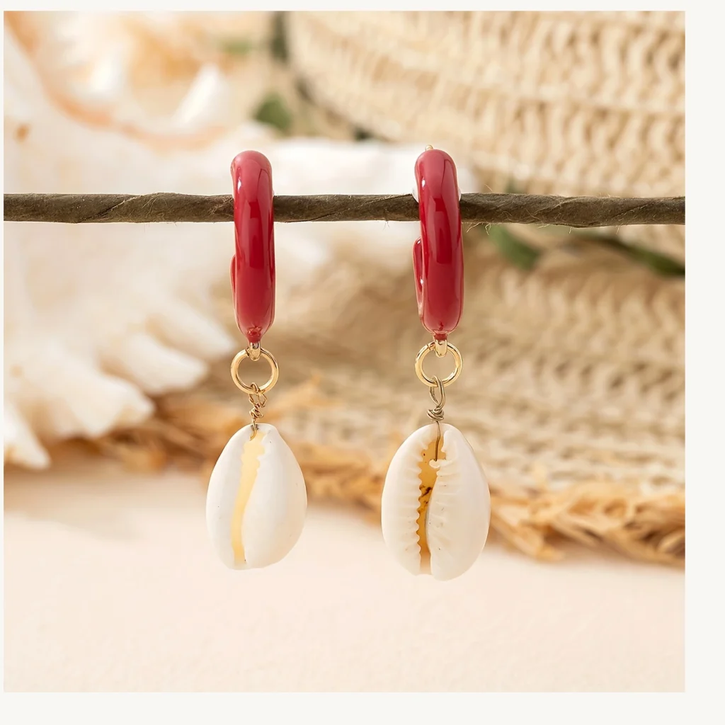 Red Hoop Shell Drop Earrings shown in main product view