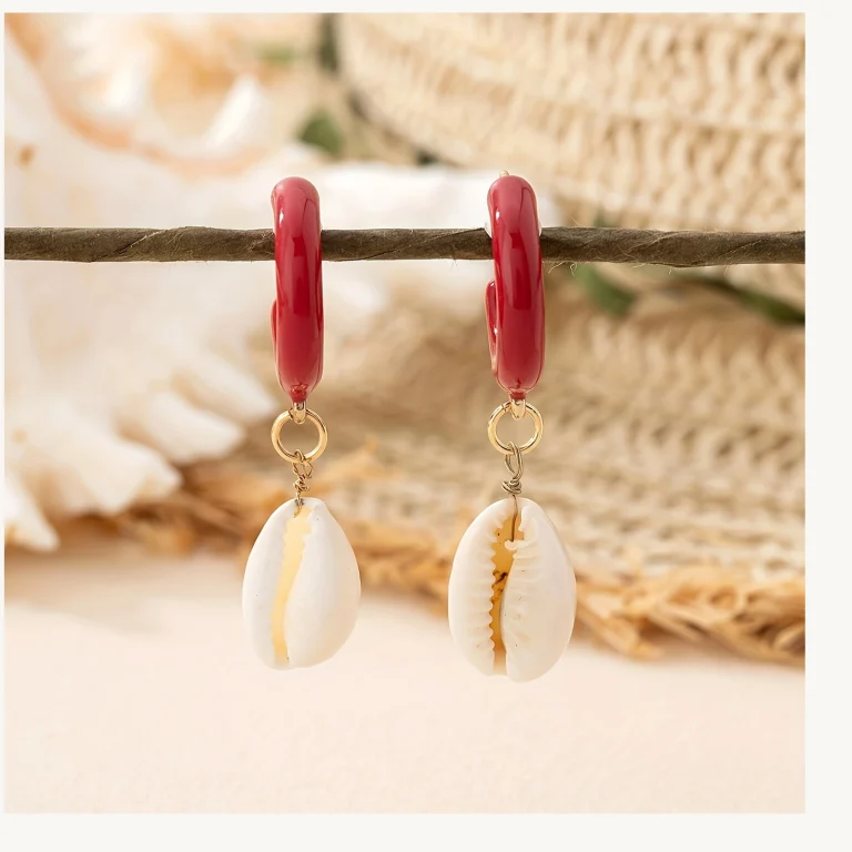 Red Hoop Shell Drop Earrings shown in main product view