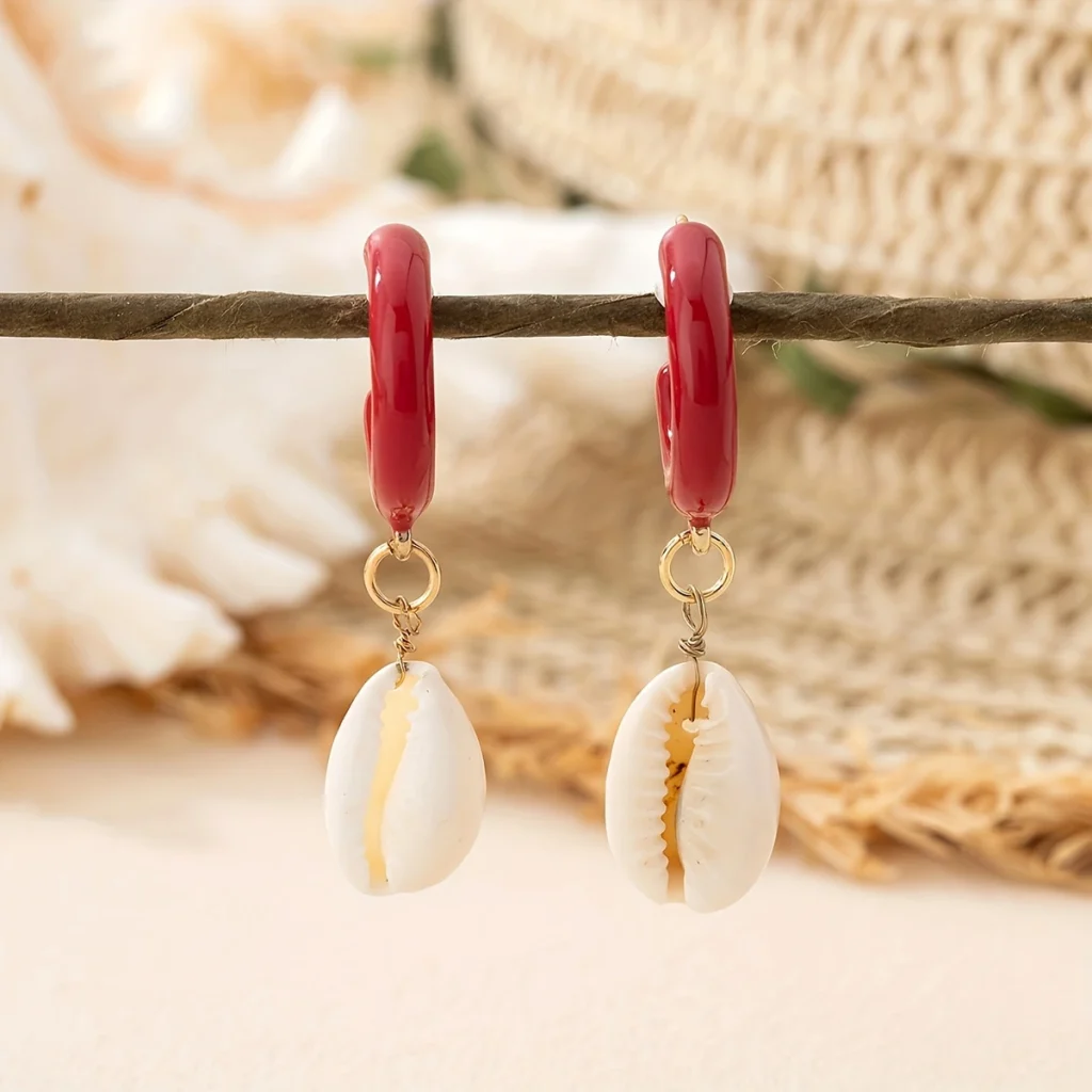 Red Hoop Shell Drop Earrings front product view
