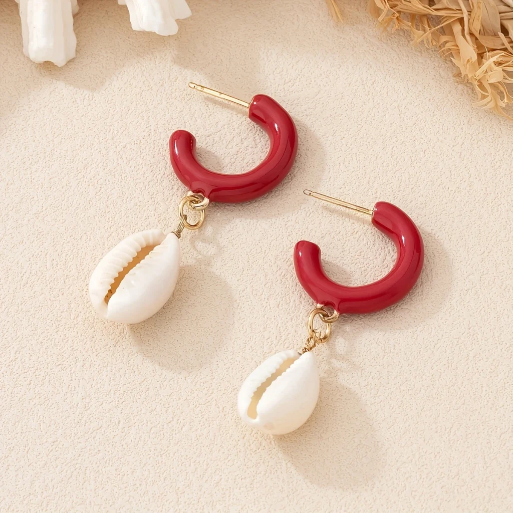 Red Hoop Shell Drop Earrings alternate angle
