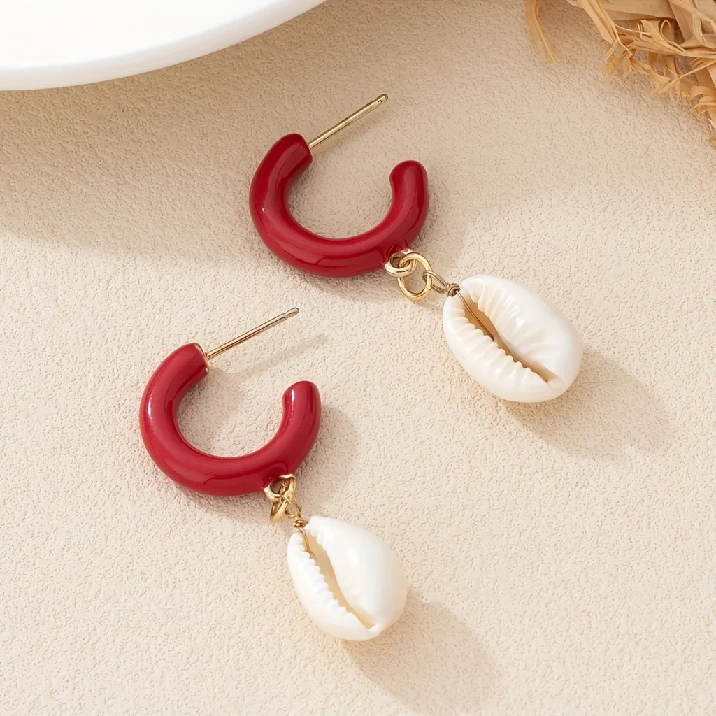 Red Hoop Shell Drop Earrings detail view