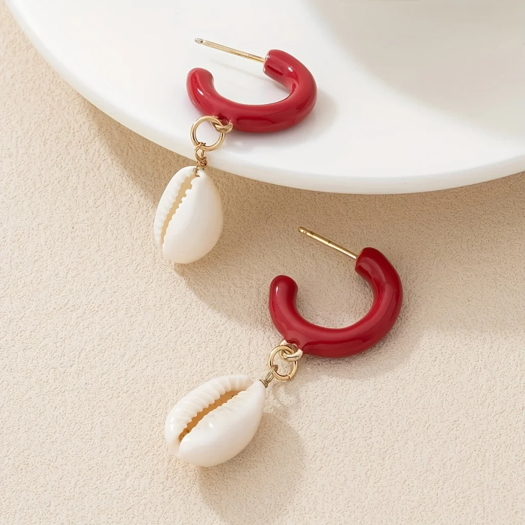 Red Hoop Shell Drop Earrings styled or variant view