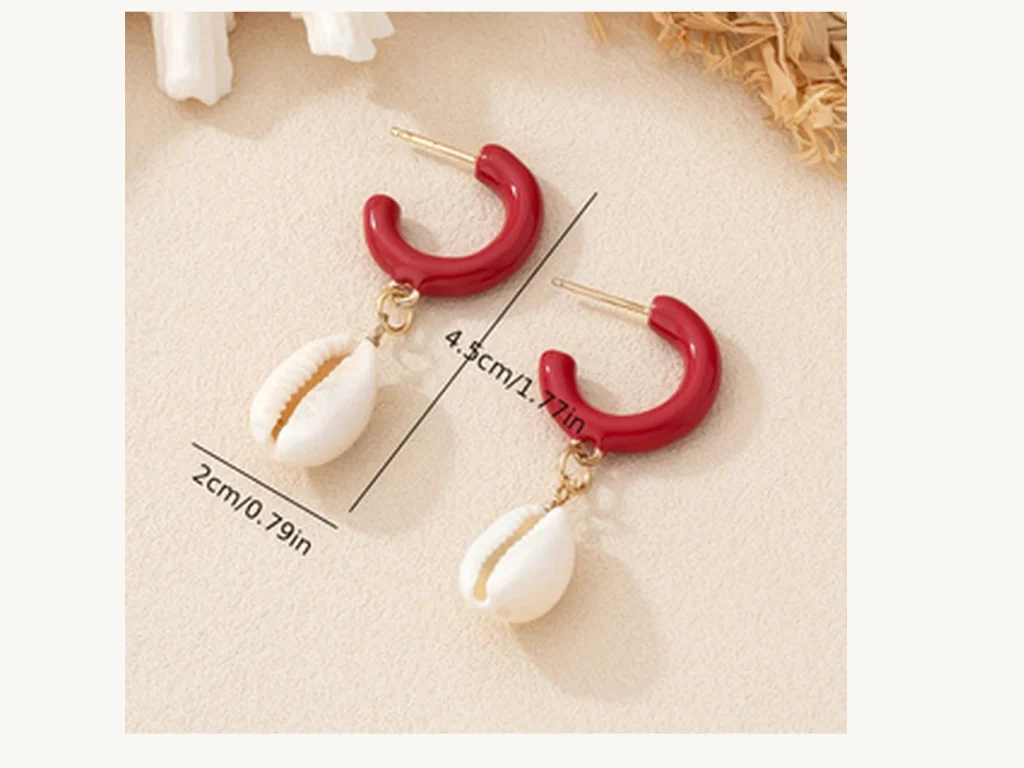 Red Hoop Shell Drop Earrings size reference