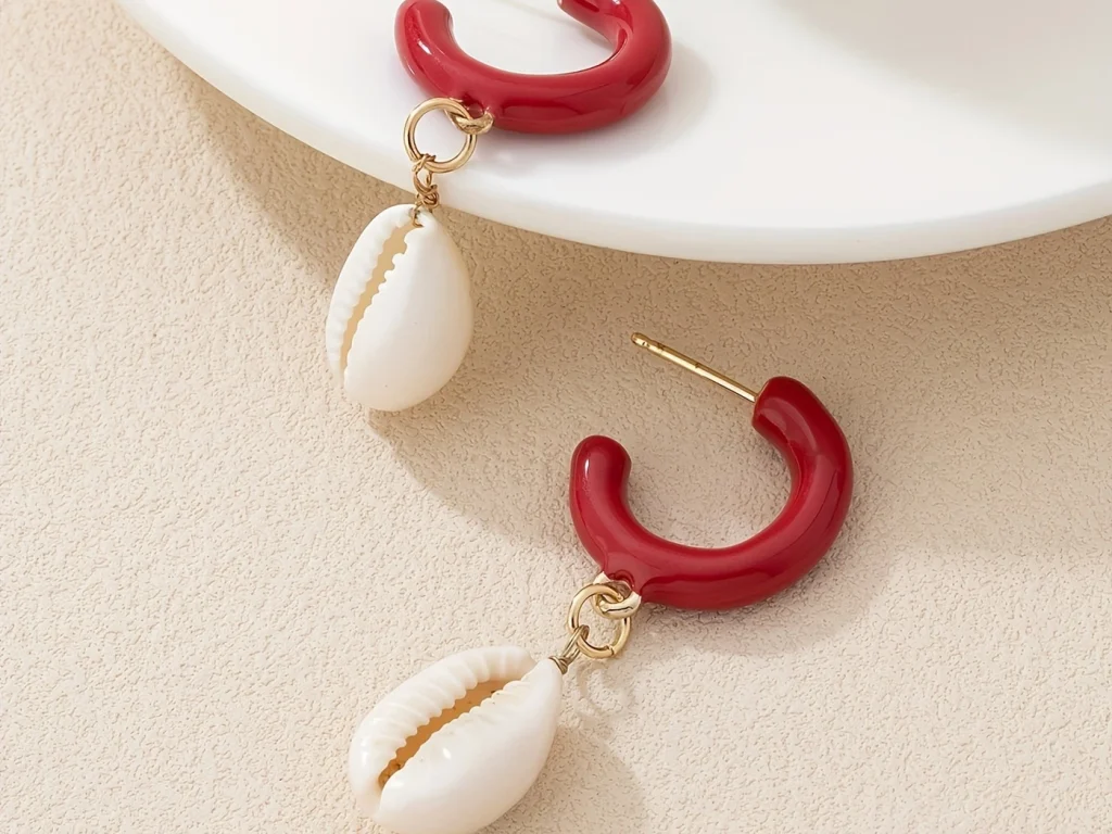 Red Hoop Shell Drop Earrings showing the main design structure