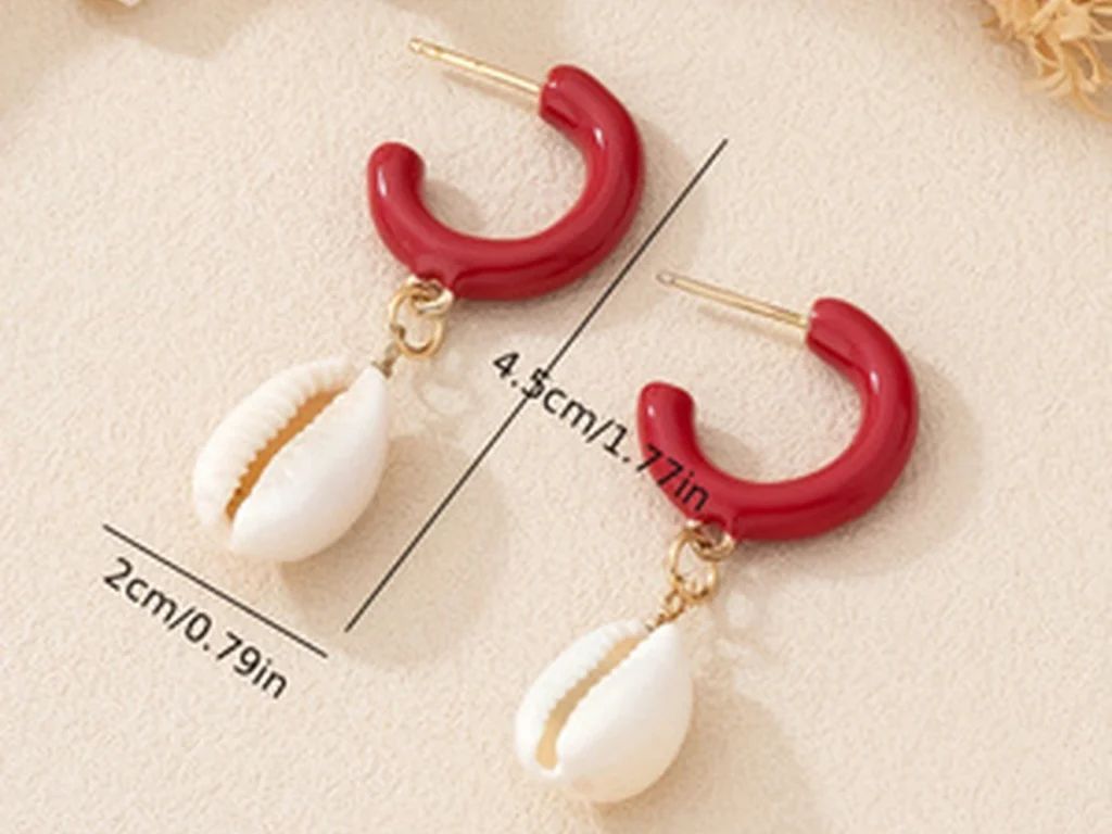 Red Hoop Shell Drop Earrings showing styling or color variation