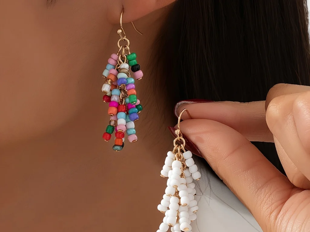 Beaded Tassel Drop Earrings showing product detail and proportion