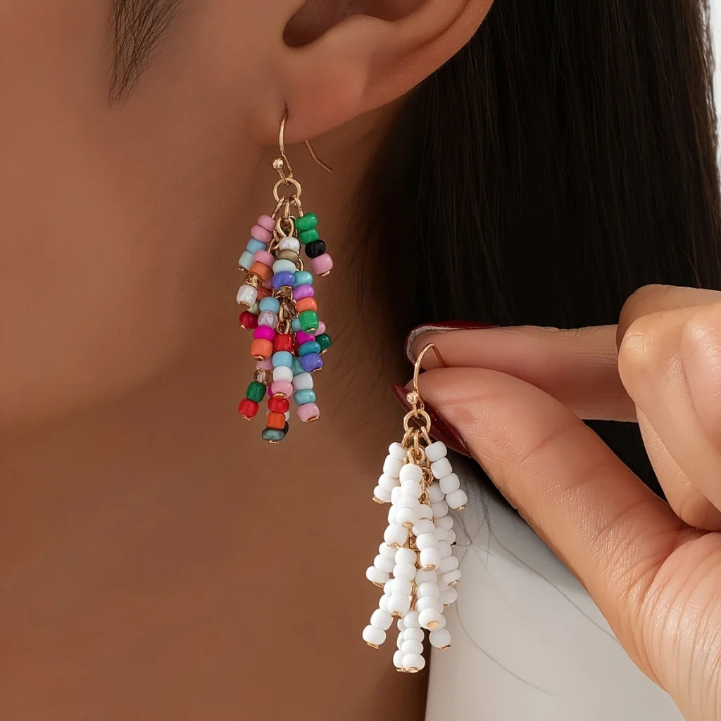 Beaded Tassel Drop Earrings front product view