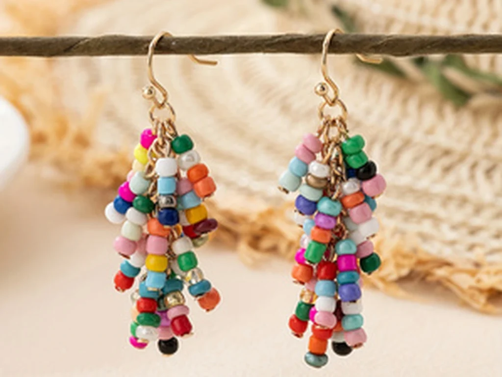 Beaded Tassel Drop Earrings showing styling or color variation