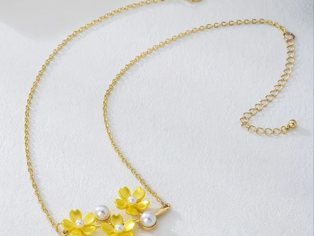 Yellow floral pendant necklace full product view