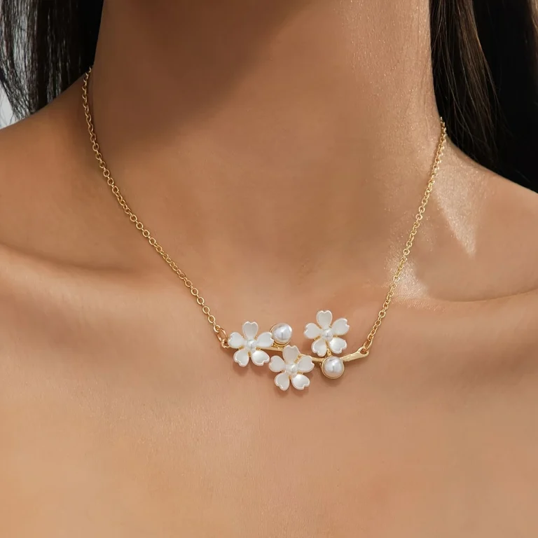 Resin flower pendant necklace worn on a model