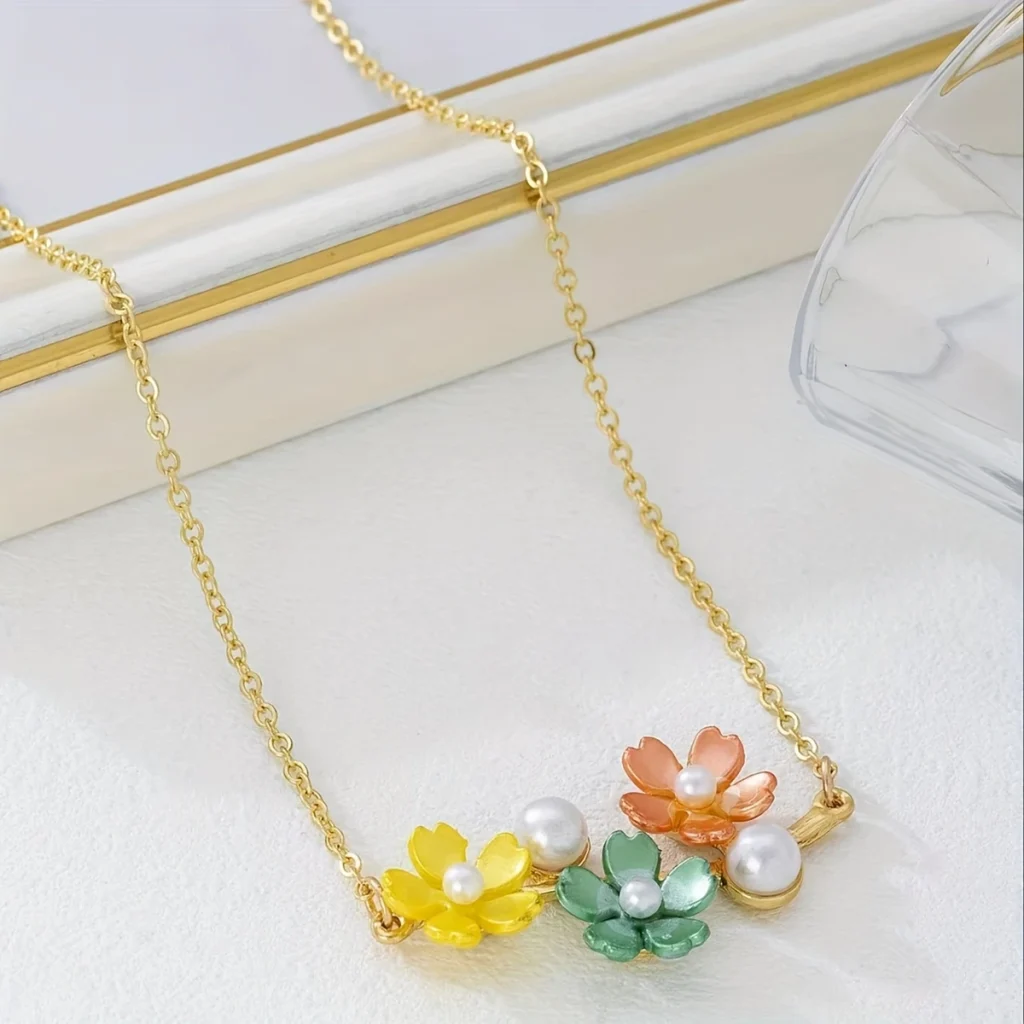 Multicolor floral pendant necklace full product view