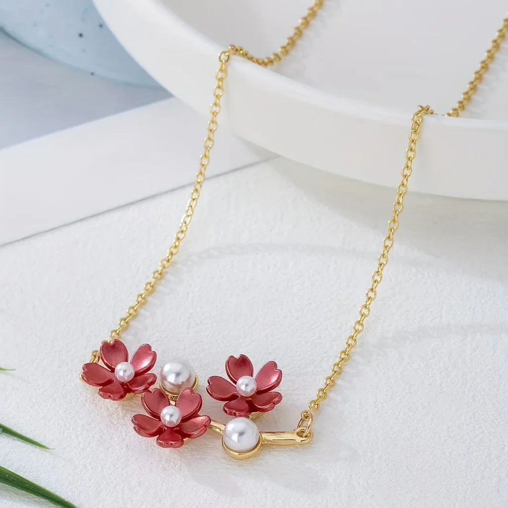 Red floral pendant necklace full product view