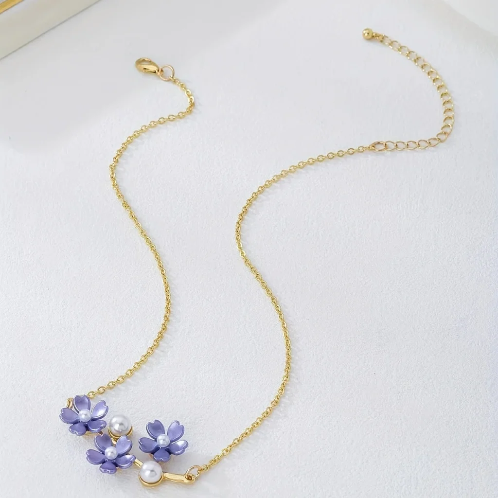 Purple floral pendant necklace full product view