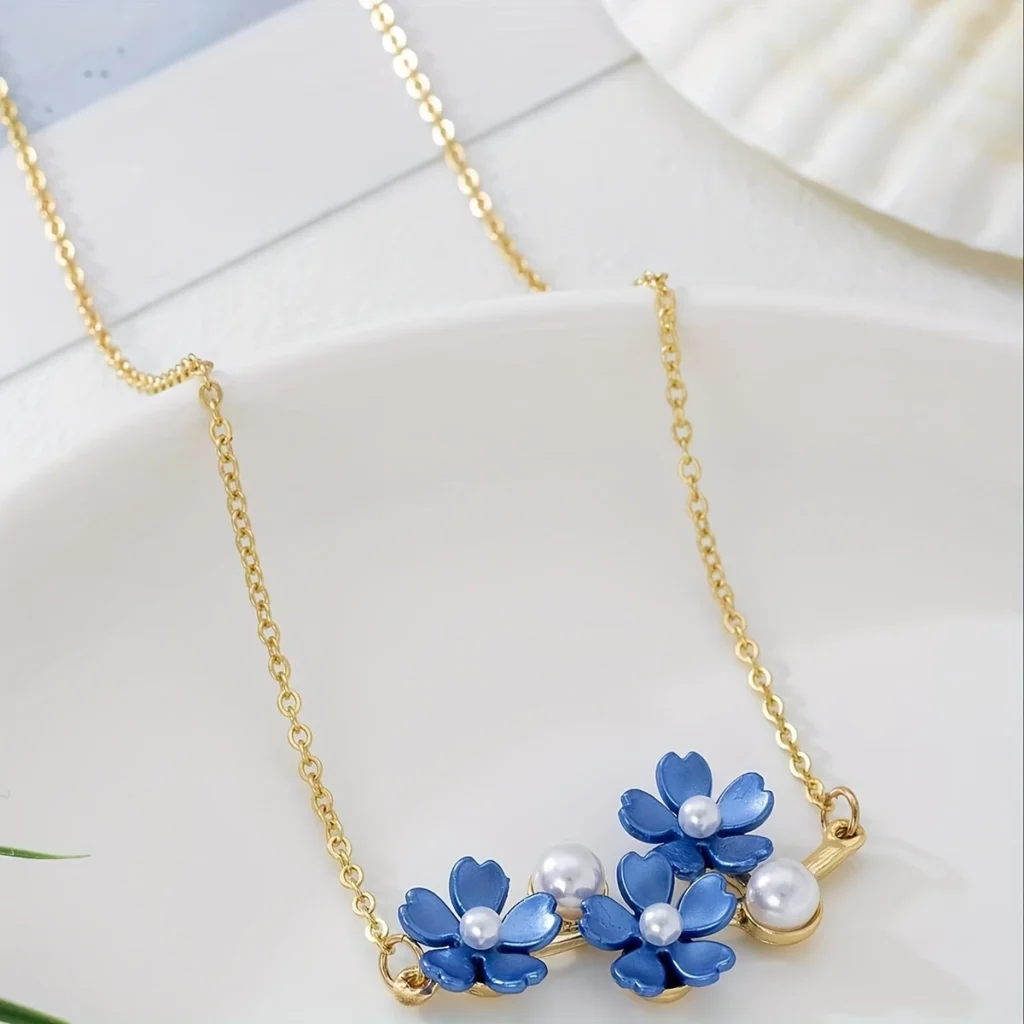 Blue floral pendant necklace full product view