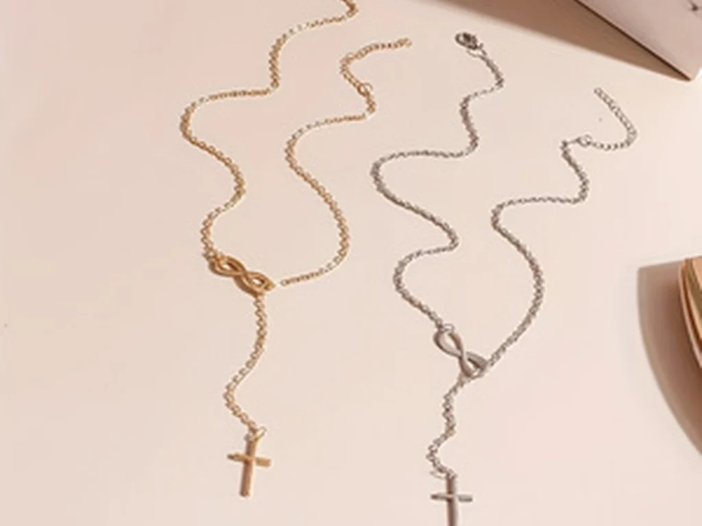 Gold-tone and silver-tone infinity cross necklaces arranged together