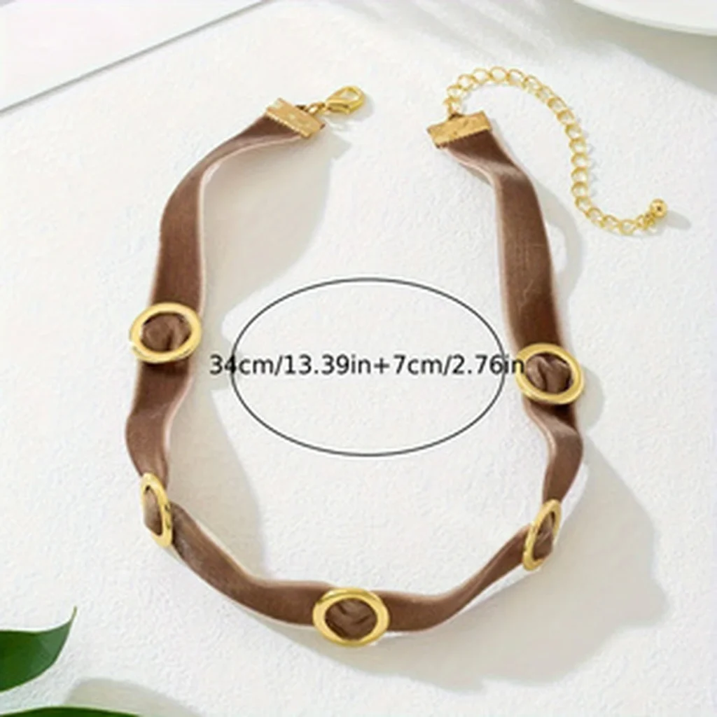 Brown velvet choker size guide with length reference