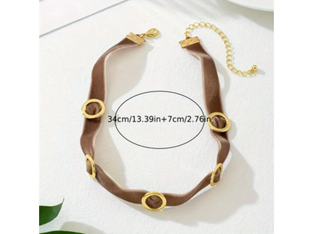 Brown velvet choker size guide with necklace length reference