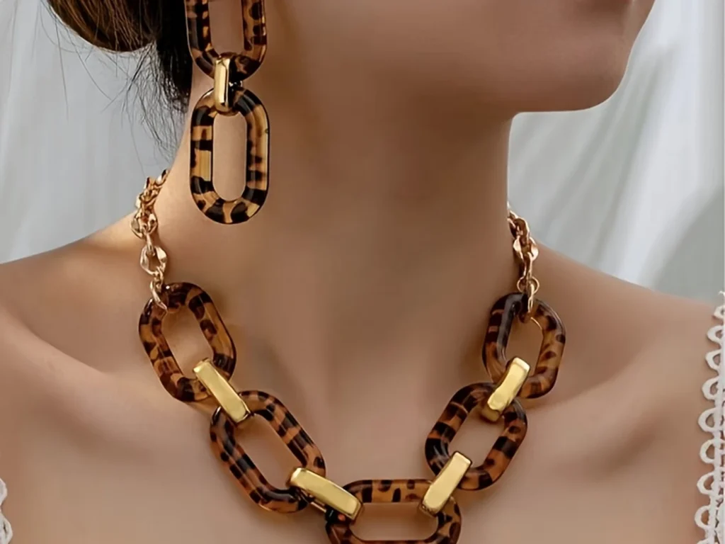 Leopard resin link set worn on a model